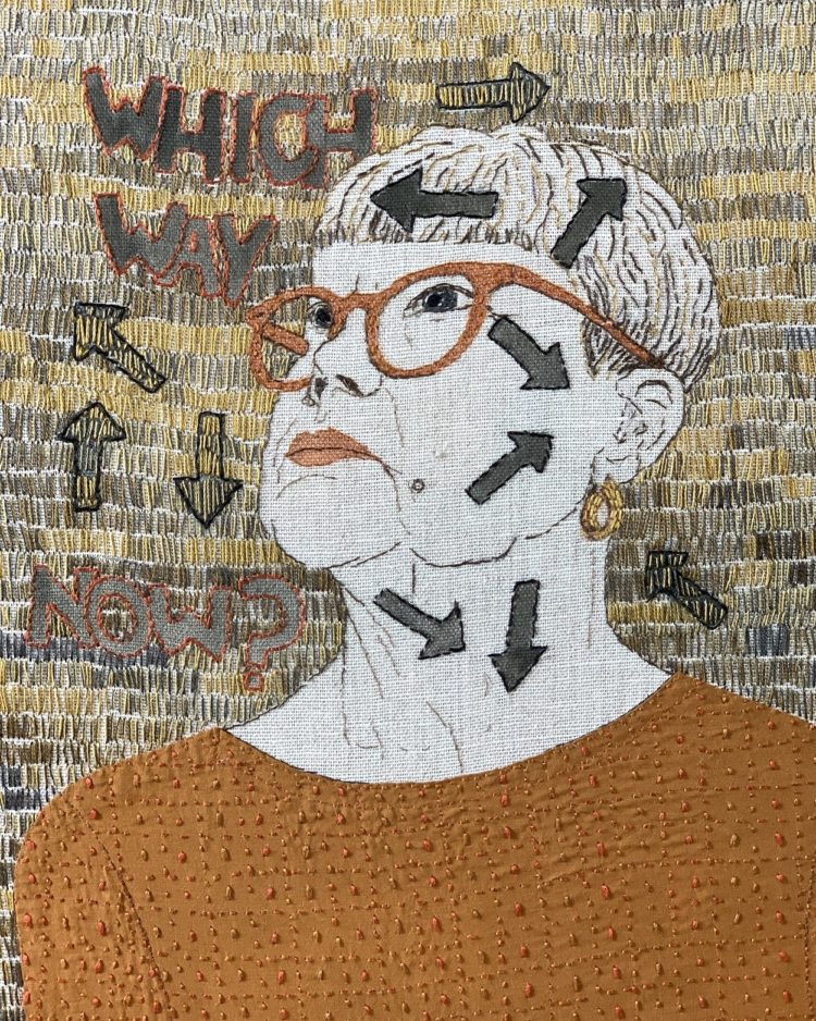 Sue Stone: Self Portrait No 67, 2020, 26 x 30 cms, Materials: Recycled linen and cotton clothing fabrics, cotton and linen threads, acrylic paint.  Techniques:hand stitch, appliqué, painting