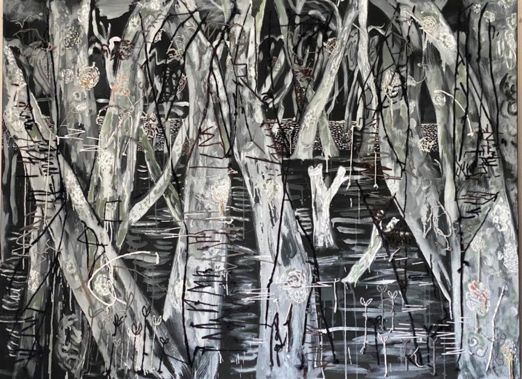 Kurt Brereton: Mangrove Forest, 2020, 136 x 182cm, oil, acrylic, embroidery on canvas