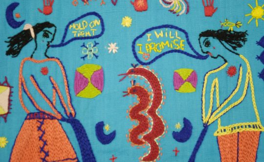 Saima Kaur, An Ode to Friendship (detail), 2019. 20cm x 25 cm (8" x 10"). Hand embroidery, cotton thread.