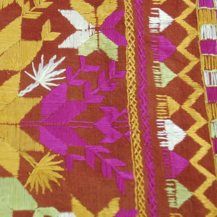 Saima Kaur, Traditional Phulkari (detail), early/mid 21st century. 2m x 3m (6'6" x 10'). Unspun silk thread on hand spun cotton ground.