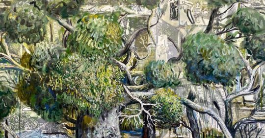 Kurt Brereton: Mangrove Memories (Detail), 2020, 122 x 168cm, embroidery, linocut stamps, oil on canvas