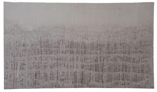 Claire Benn: HaCI, 2019, 143 x 83cm, linen, earth pigment, acrylic medium, cotton thread. Mono printing, painting, hand stitch, Photograph credit: Katie Vandyke