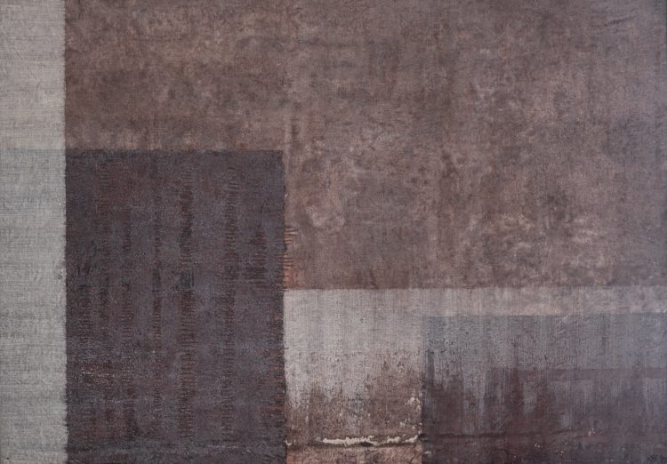 Claire Benn: Plateau, 2019, 94cm x 67cm, Mono print, painting and hand stitch, antique hemp, paper, cotton thread, earth pigments, acrylic medium. Photograph credit: Katie Vandyke
