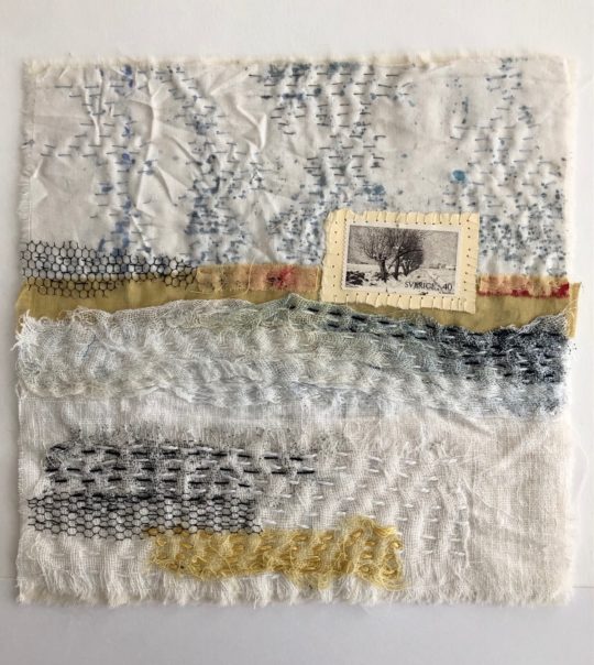 Jette Clover: Winter, 2018, 20cm x 20cm, Collage and hand stitch, cotton, cheese cloth, netting, postage stamp