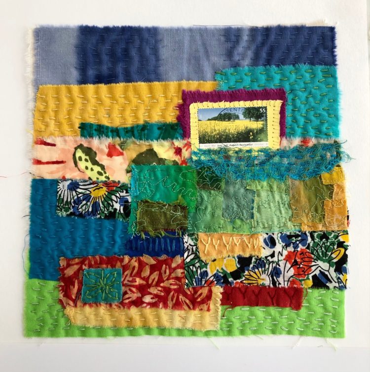 Jette Clover: Summer, 2018, 20cm x 20cm, Collage and hand stitch, cotton, cheese cloth, netting, postage stamp