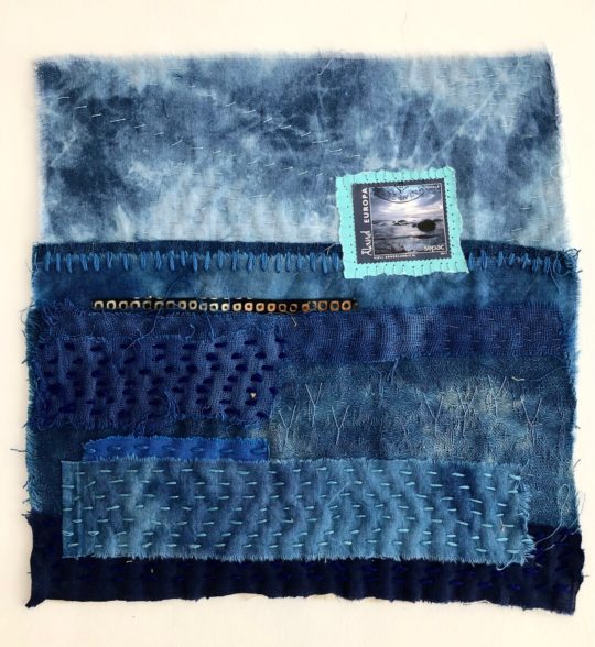 Jette Clover: Night, 2020, 20cm x 20cm, Collage and hand stitch, cotton, cheese cloth, postage stamp