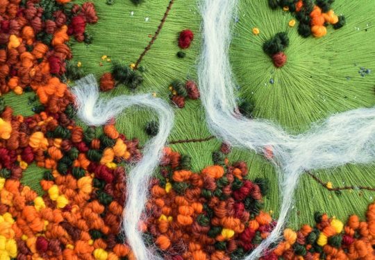 Victoria Rose Richards: Autumno auras, 2020, 8x8 inches, cotton, wool, felt sheet, French knots, satin stitch