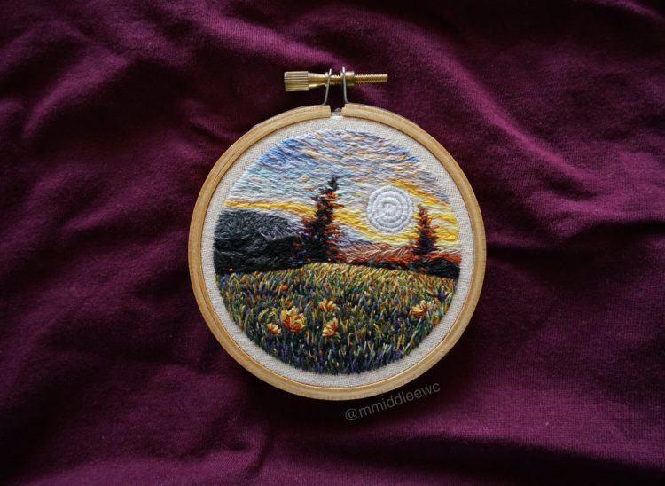 Artemis: #95 Always Loving, 2020, 7.5cm / 3" diameter, hand embroidery thread painting with DMC cotton threads