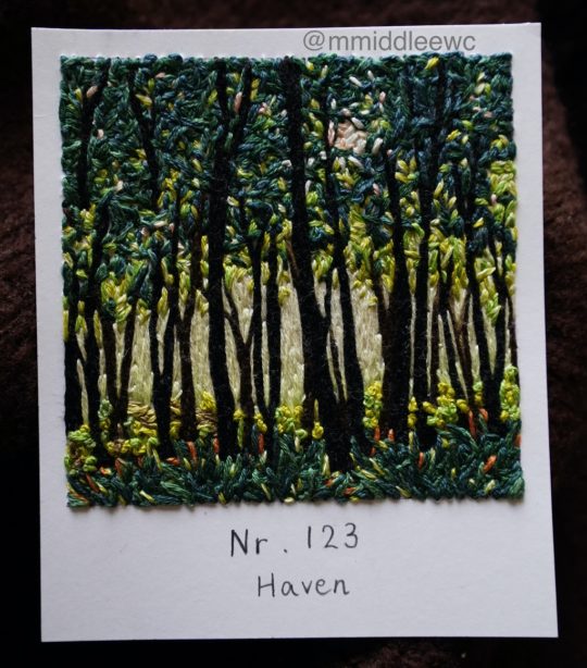 Artemis: Nr. 123 Haven, 2021, Polaroid size, thread painting with DMC cotton threads on paper