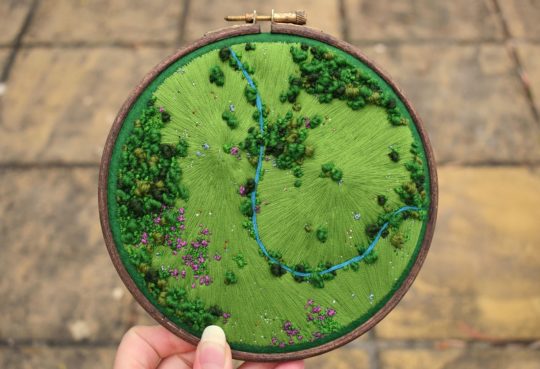 Victoria Rose Richards: The Hike, 2020, 15cm / 6" diameter, Hand embroidery with French knots and satin stitch, cotton, wool, felt sheet