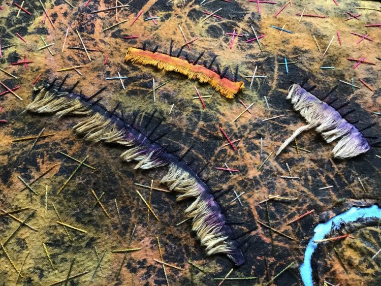Jan Kilpatrick: Peat Cuttings (Detail), 2015, 50cm x 80cm, Mono-print, burning and hand stitch
