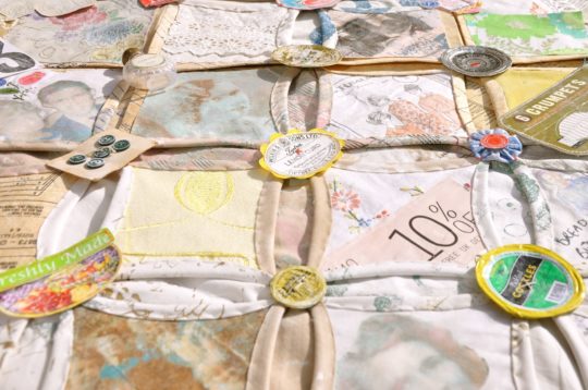 Maria Thomas: Lets face it (motherhood blanket) (Detail), 2014, 120 x 160cm, Recycled cloth, paper ephemera, appliqué & quilted patchwork