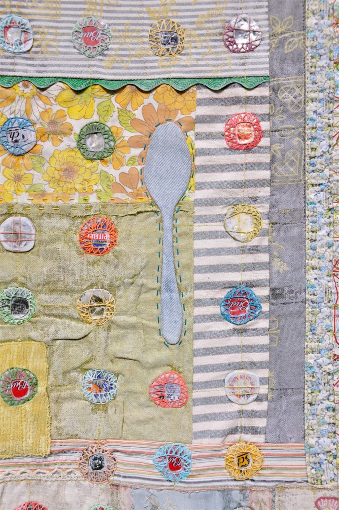 Maria Thomas: Beer Mat (Detail), 2010, 40 x 175, reclaimed paper ephemera & recycled cloth. Hand appliqué, embroidery & quilting
