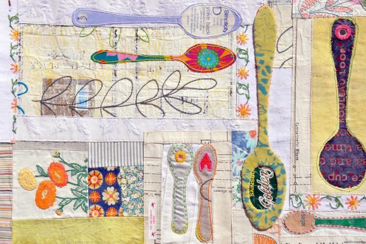 Maria Thomas: Spoon Fed Love (Detail), 2011, 40 x 175, reclaimed paper ephemera & recycled cloth. Hand appliqué, embroidery & quilting