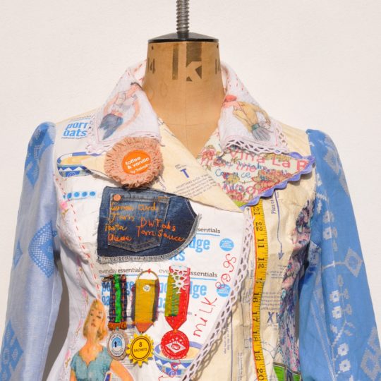 Maria Thomas: ‘2 for £8’ The ‘Housecoat’ Series (motherhood jackets) (Detail), 2014, 40 x 60 cm, reclaimed paper ephemera, recycled tablecloth & hand quilted patchwork