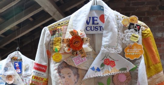 Maria Thomas: ‘Free range egg custard tart’ The ‘Housecoat’ Series (motherhood jackets) (Detail), 2014, 40 x 60 cm, reclaimed paper ephemera, recycled cloth & hand quilted patchwork
