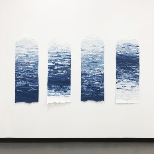 Rachael Wellisch: Tomes #13-16, 2020, Each: 38cm (w) x 112cm (h), Hand-made paper, from indigo-dyed salvaged textiles (cotton)