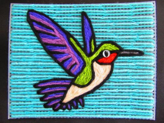 Stephen Cunningham: Hummingbird, 2017, 6.5" x 5", Yarn + Eyes