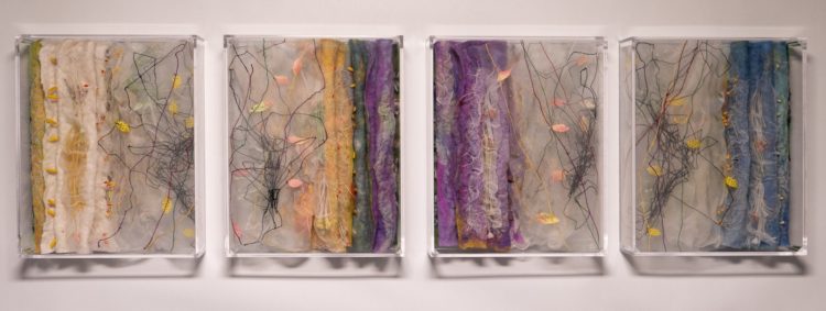Jeanette Appleton: Pollution and Pollination, 2020, W:85 x H:4 x D:22.5cm, Technique: Hand felting and machine stitch. Materials: Merino wool, silk fabric, threads, plastic flower parts. Photographer: @kind.design