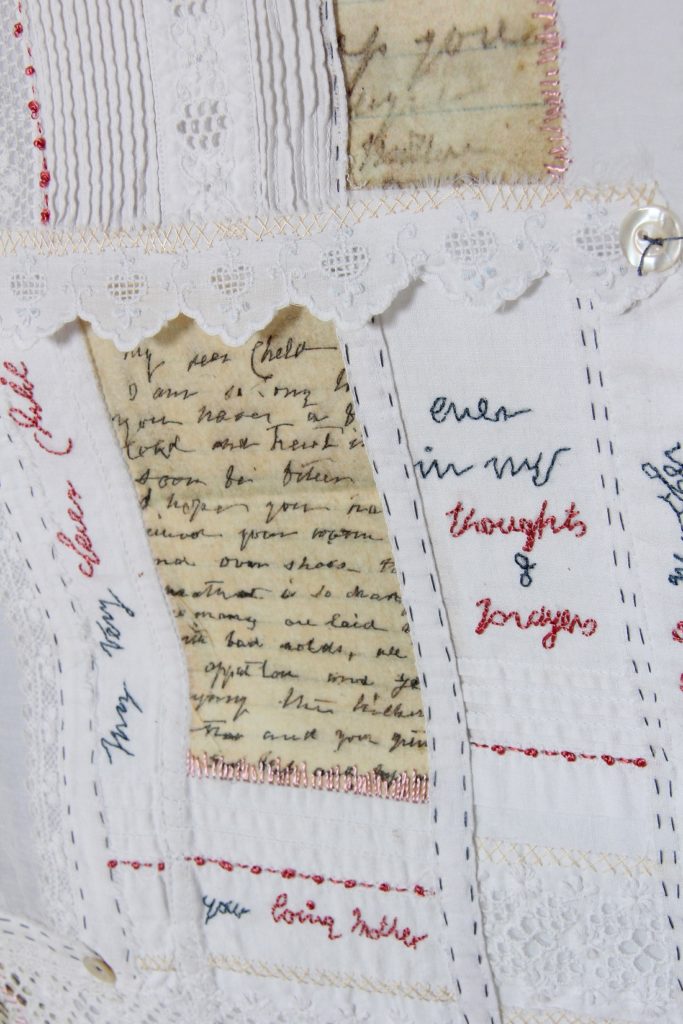 Ali Ferguson: "My Dear Child" letters printed onto tissue paper and phrases highlighted with stitch