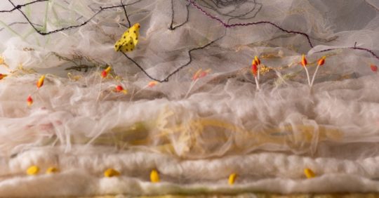 Jeanette Appleton: Pollution and Pollination (Detail), 2020, W:85 x H:4 x D:22.5 cm, Technique: Hand felting and machine stitch. Materials: Merino wool, silk fabric, threads, plastic flower parts. Photographer: @kind.design