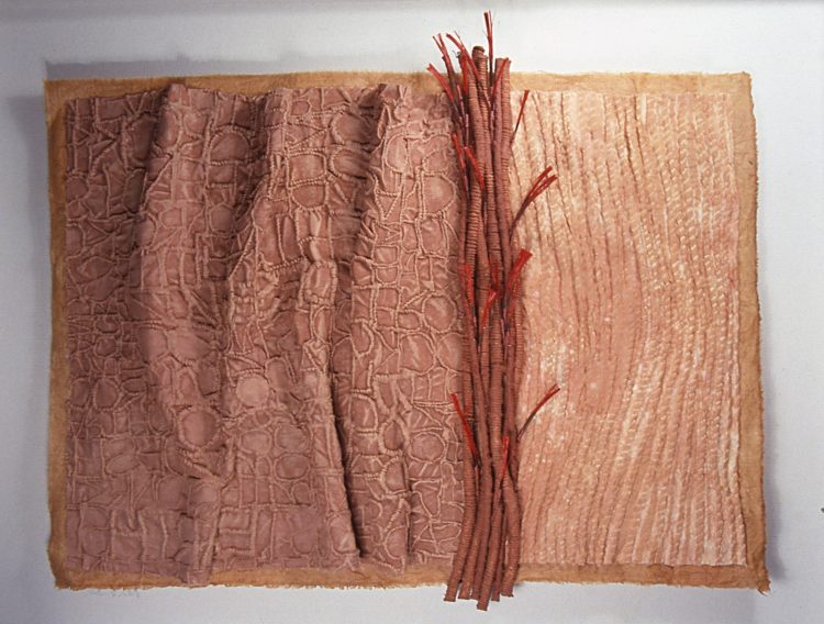 Jean Draper: Desert Textures, 2003, 12cm x 20cm, Cotton, wrapped threads, horsehair, clay and paint, hand stitch
