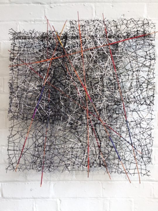 Jean Draper: Restricted Access, 2019, 60cm x 50cm, Wrapped sticks and stitched paper threads arranged in layers