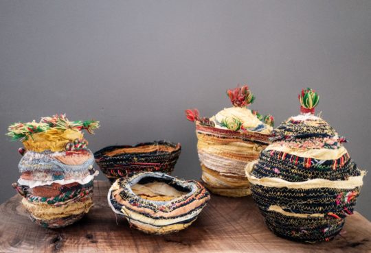 Emma Cassi: Collaboration with TextileSeekers, 2020, Various, Series of 5 fabric baskets made with curcuma and indigo handdye textile from Vietnam.