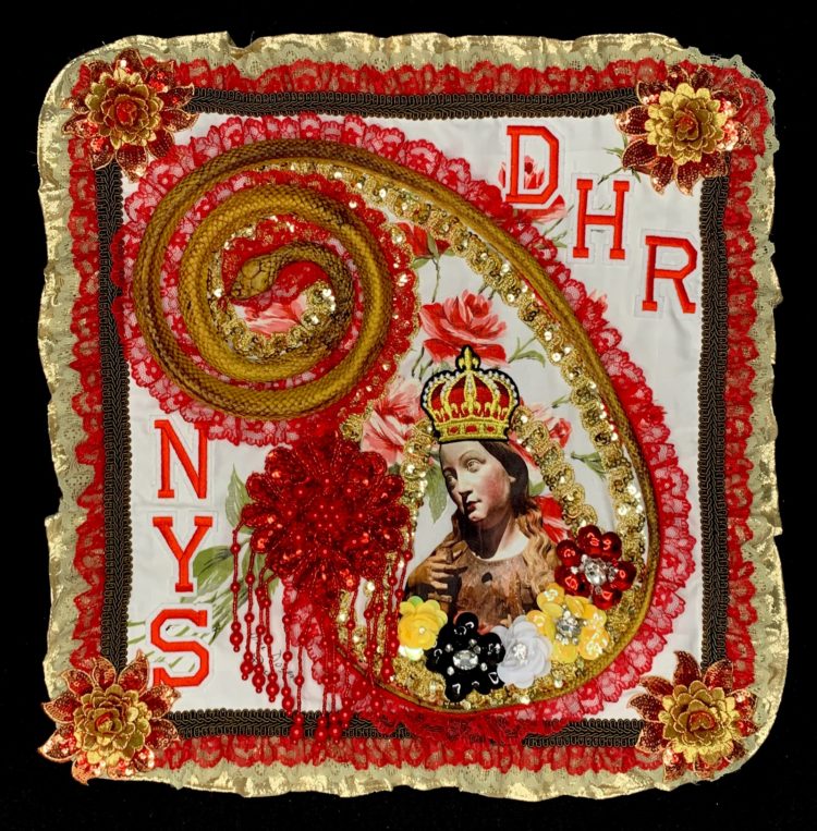 K Johnson Bowles: Formal Complaints (For Denise), 2020, 18 x 18 x 3 inches, various fabrics, sequins, rubber snake, heat transferred photo, hand-sewn on vintage handkerchief