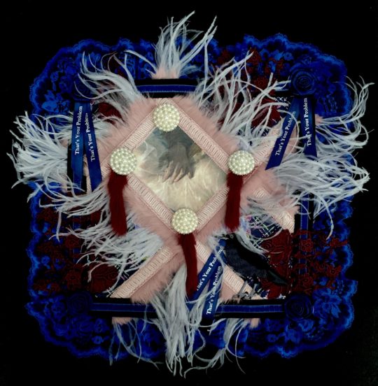 K Johnson Bowles: Her Voice Hung in the Air, 2020, 18 x 18 x 3 inches, various fabrics, feathers, fur, buttons, heat transferred photograph, hand-sewn on vintage handkerchief