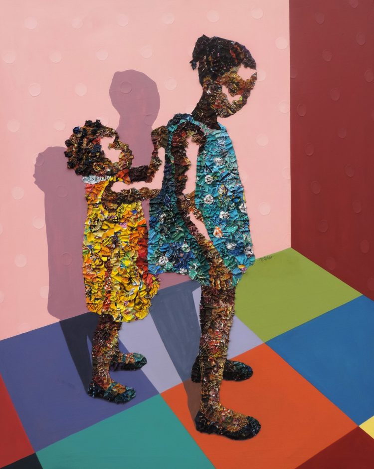 Marcellina Akpojotor: A Beautiful Day (Kesiena's Diary), 2019, 60 x 48 inches, Fabrics, Paper and Acrylic on Canvas
