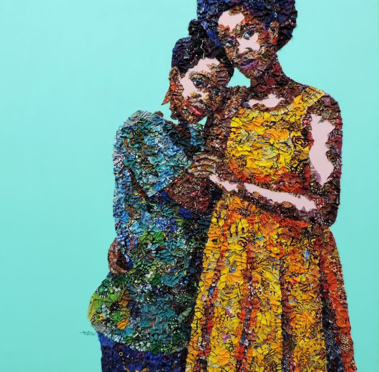 Marcellina Akpojotor: Sister Sister, 2019, 48 x 48 inches, fabric and Acrylic on Canvas
