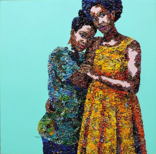 Marcellina Akpojotor: Sister Sister, 2019, 48 x 48 inches, fabric and Acrylic on Canvas