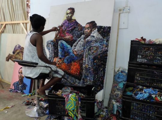 Marcellina Akpojotor: Ovoke (work in progress), 2020, 60 x 48 inches, Fabric and Acrylic on Canvas