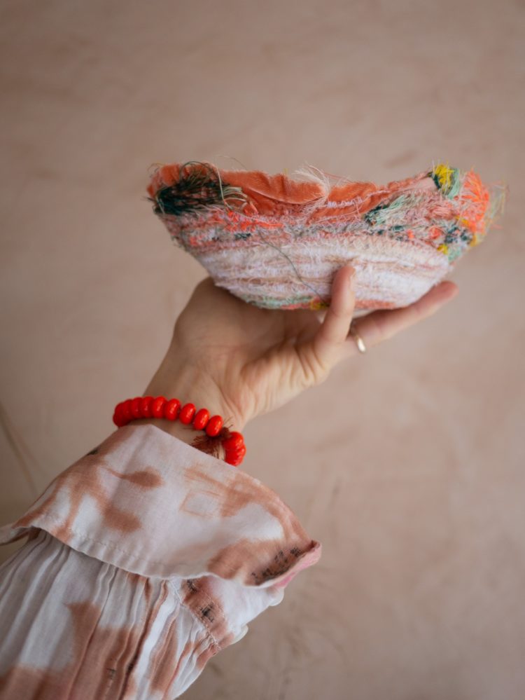 Emma Cassi: Orange velvet bowl, 2020, 25cm x 12cm, Fabric bowl with an embroidery made on cotton and on a orange silk velvet