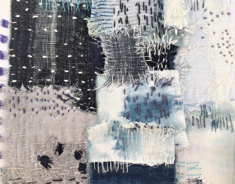 Shelley Rhodes: Reef Marks Reworked (Detail), 2020, series of 13 different sized pieces, Fragmenting and reworking a larger piece of work inspired by the concept of repair. Indigo dyed fabric, recycled fabric scraps and stitch