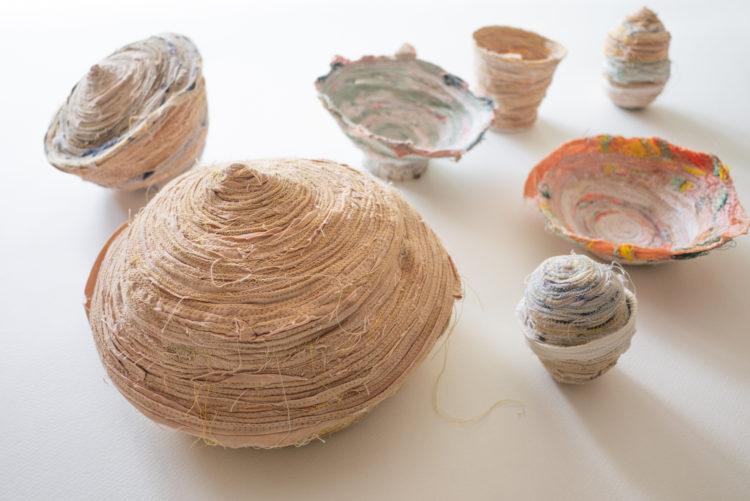 Emma Cassi: Selection of fabric bowls, 2020-21, Between 15cm to 30cm, Recycled French linen dyed with plants and powders