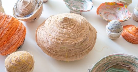 Emma Cassi: Selection of fabric bowls, 2020-21, Between 15cm to 30cm, Recycled French linen dyed with plants and powders