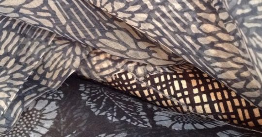 Sarah Desmarais: Katazome handprinted silk organza dress fabrics (Detail), 2020, Each piece 3m x 112cm, Silk organza, printed using Japanese katazome (stencil dyeing) with mulberry stencil paper and a rice paste resist; dyed with fibre reactive dyes