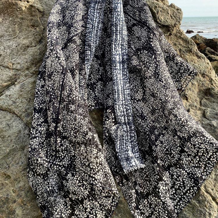 Sarah Desmarais: Katazome handprinted silk organza wrap skirt with silk habotai sash (Detail), 2020, 90cm long and 125cm at waistband, Silk organza and silk habotai, printed with a rice paste resist using hand cut stencils, and dyed with fibre reactive dyes