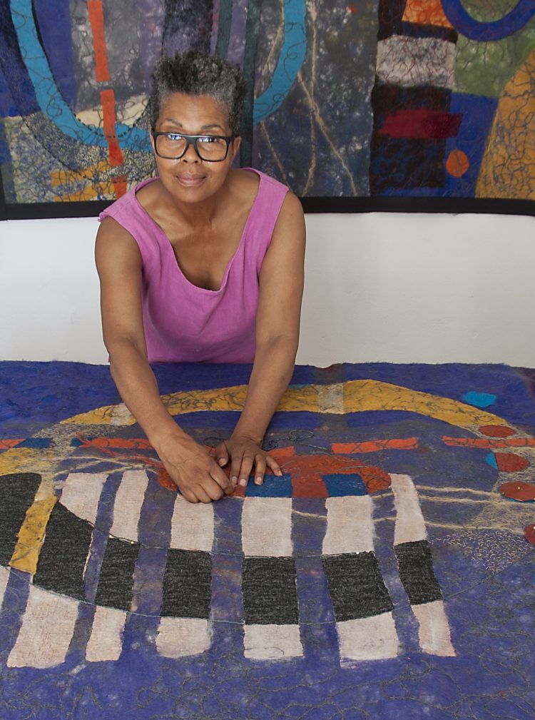 Maggie Scott, Omulolo (work in progress), 2020. 180cm x 190cm (71" x 75"). Wet felting, stitch. Merino wool, cotton mesh, mohair yarn.