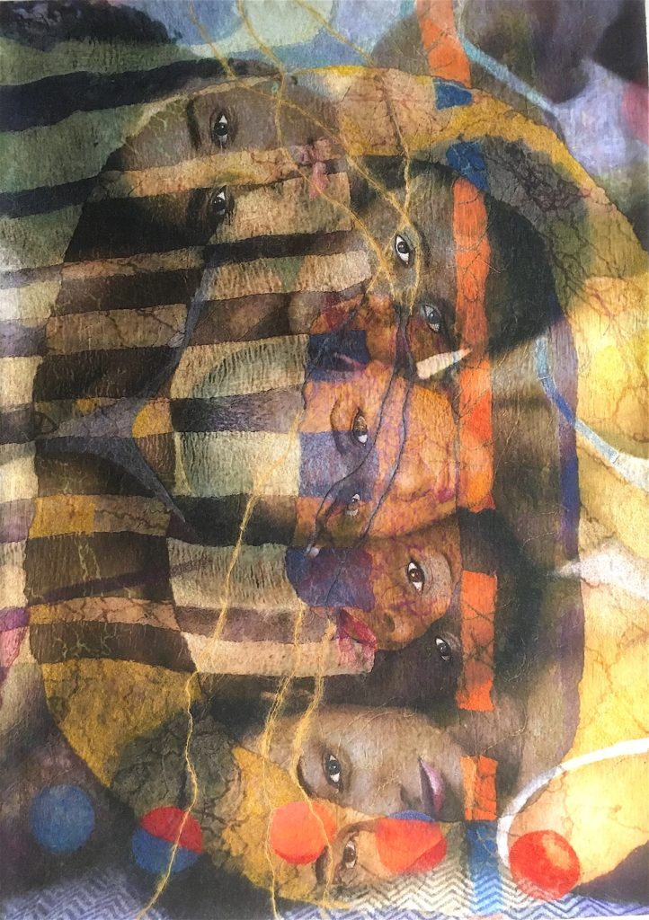Maggie Scott, 5 Times //3, 2020. 166 cm x 119 cm (65" x 47"). Nuno felting, stitch. Printed silk chiffon, wool, thread.