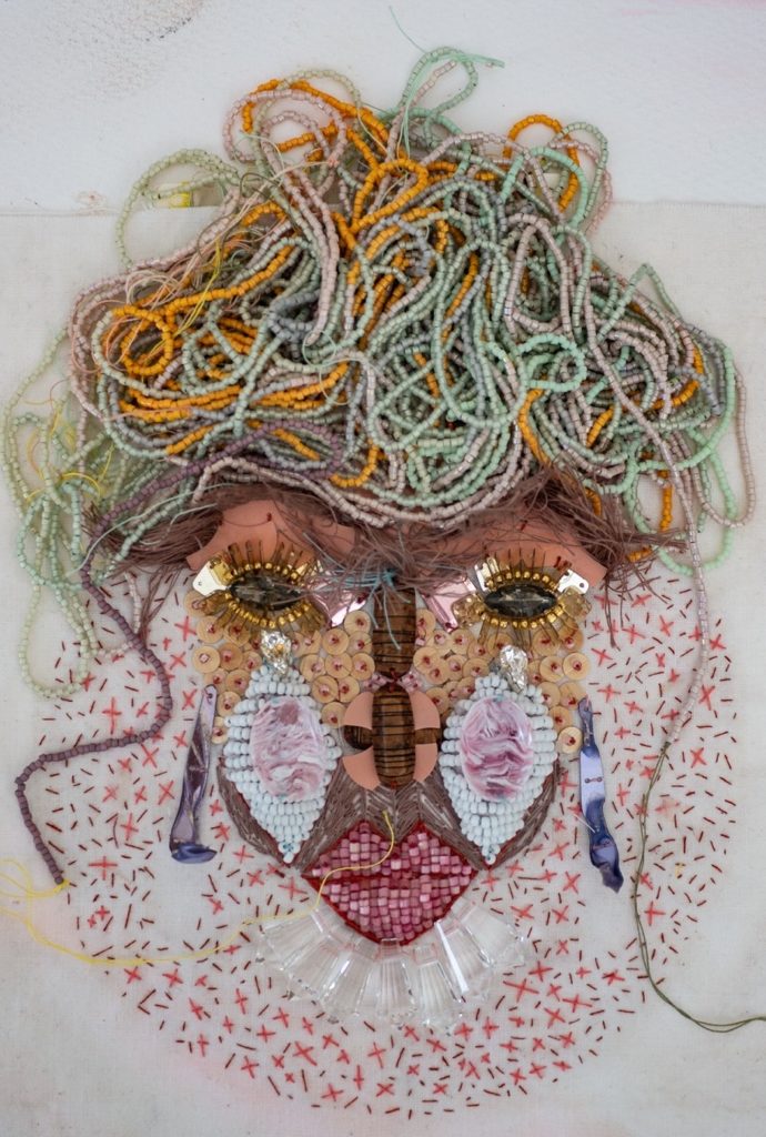 Emma Cassi: Portrait series Modern witches, 2021, 21cm x 30cm, unfinished hand embroidery with beads and vintage sequins on French linen