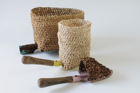 Alice Fox: Further developments since Hybrid 2: Found tools with constructed elements in bramble fibre, sweetcorn fibre and bindweed (photo credit Sarah Mason)