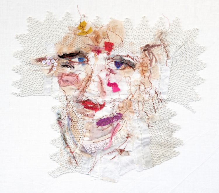 Ailish Henderson, Pistachio Smiles, 2016. 60 cm x 60 cm. Hand stitch, painting, collage. Mixed media on Irish linen.