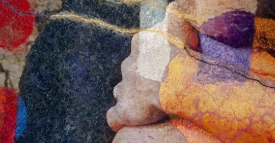 Maggie Scott, 5 Times More (detail), 2020. 166 cm x 119 cm (65″ x 47″). Nuno felting, hand stitch. Printed silk chiffon, wool, thread.