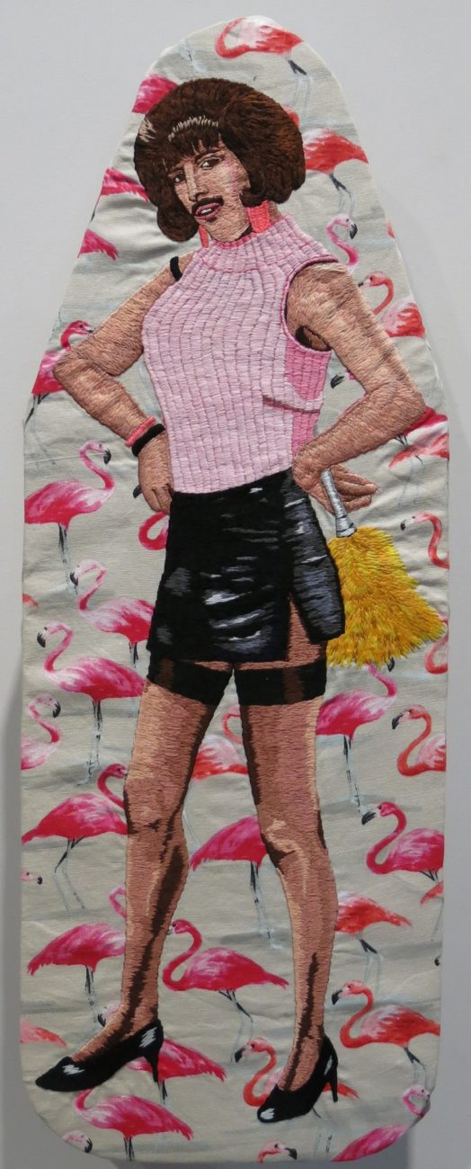 Nicole OLoughlin, Freddie, Our Lady of Perpetual Housework, 2018. 29 x 78 cm. Hand embroidery on cotton mounted onto Ironing board.