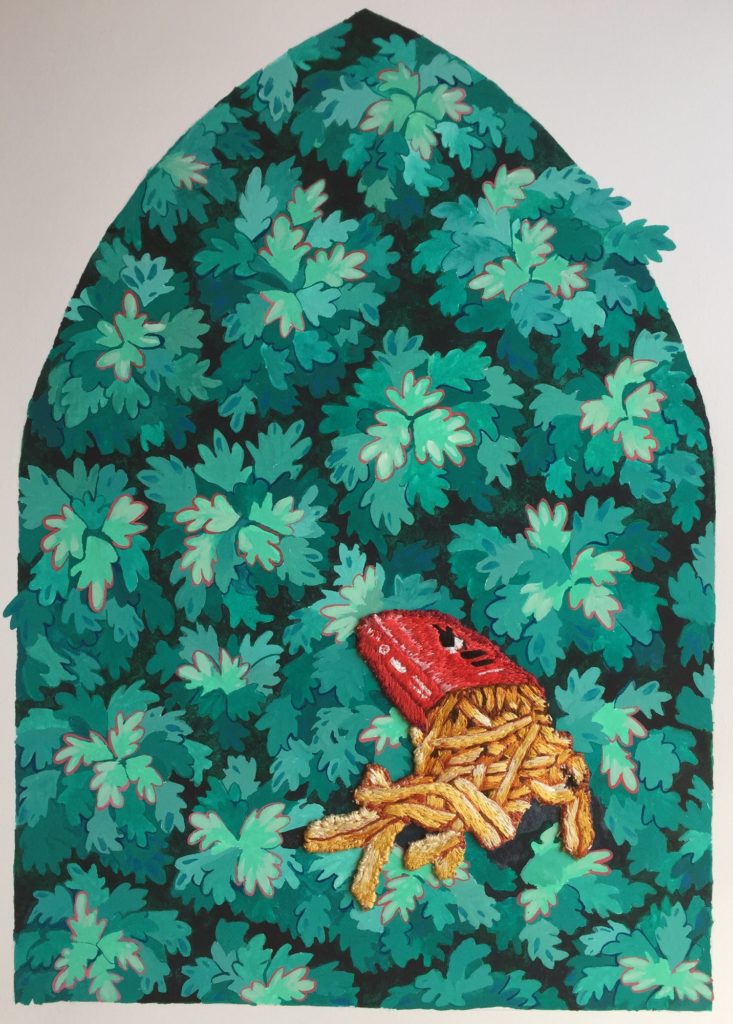 Nicole O'Loughlin,Takeaway Landscape, chips, 2021. 38cm x 56cm. Painted background with hand embroidery on paper.