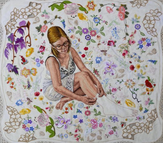 Nicole O'Loughlin, Woman in Progress - Self Portrait, 2020. 90cm x 90cm. Hand embroidery and found embroidery on vintage linen.