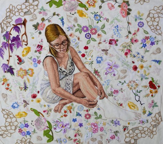 Nicole O'Loughlin, Woman in Progress - Self Portrait, 2020. 90cm x 90cm. Hand embroidery and found embroidery on vintage linen.